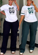 Women Casual Printed Short-sleeved Top and Cargo Pants Two-piece Set