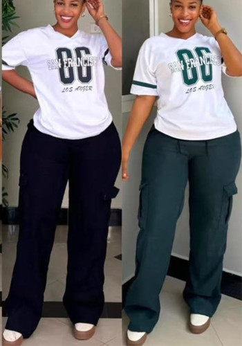 Women Casual Printed Short-sleeved Top and Cargo Pants Two-piece Set