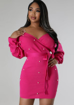 Women dress long-sleeved v-neck belt beaded sexy bodycon dress