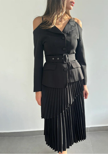 Off-Shoulder Strap Top High-Waist Pleated Skirt Two Piece Set