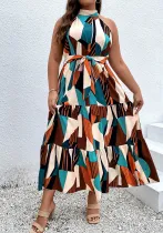 Plus Size Women's Bohemian Sleeveless High-Neck Geometric Print Color Block Tie-Waist Dress