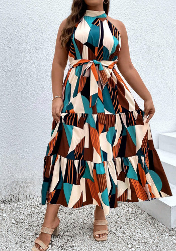 Plus Size Women's Bohemian Sleeveless High-Neck Geometric Print Color Block Tie-Waist Dress