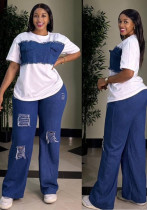 Women's Denim Patchwork short sleeve Top Jeans Two Piece Set