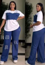 Women's Denim Patchwork short sleeve Top Jeans Two Piece Set