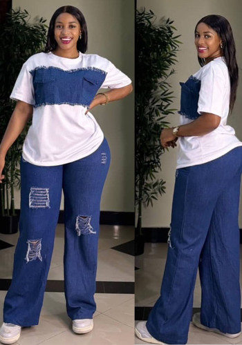 Women's Denim Patchwork short sleeve Top Jeans Two Piece Set