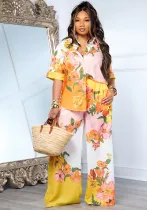 Women's Fashion Floral Print Slim Waist Wide Leg Two-Piece Pants Set