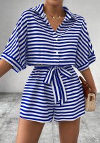 Summer Striped Lace-Up Turndown Collar Short Casual Jumpsuit