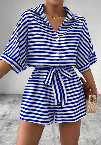 Summer Striped Lace-Up Turndown Collar Short Casual Jumpsuit
