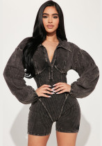 Sexy Patchwork Women's Summer Slim Waist Lantern Sleeve Deep V Turndown Collar Short Jumpsuit