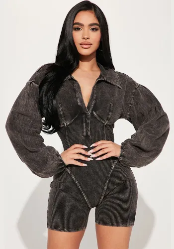 Sexy Patchwork Women's Summer Slim Waist Lantern Sleeve Deep V Turndown Collar Short Jumpsuit