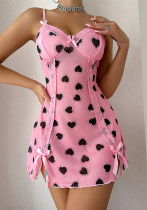 Sexy Lingerie Heart Print Nightdress Thong Two-Piece Pajamas