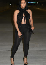 Spring Summer Women's Halter Neck Fur Tie Rope Slit Crop Top High Waist Tight Pants Two Piece Set