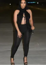 Spring Summer Women's Halter Neck Fur Tie Rope Slit Crop Top High Waist Tight Pants Two Piece Set