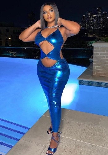 Women's Summer Slim Fit Hollow Out Sexy Halter Neck Shiny Dress