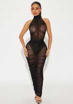 Spring Summer Women's Mesh See-Through Halter Neck Bodysuit Gathered Bodycon Skirt Set