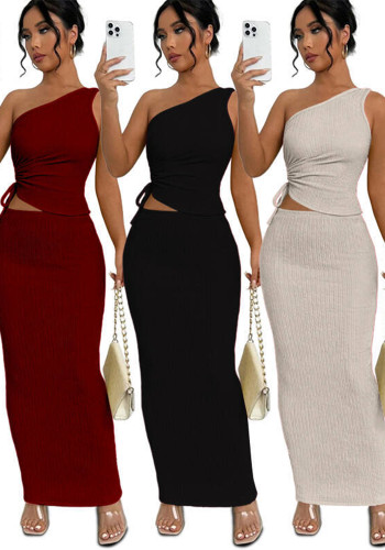 Summer Casual Drawstring Vest Long Skirt Two-Piece Set