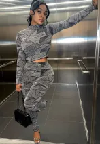Women's Spring Autumn Fashion Jacquard Half-High Collar Pullover Silver Silk Top Trousers Two Piece Set