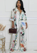 Women's Satin Print Chic Short Sleeve Shirt Wide Leg Pants Casual Two-Piece Set