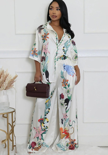 Women's Satin Print Chic Short Sleeve Shirt Wide Leg Pants Casual Two-Piece Set