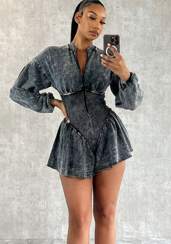 Autumn Ribbed Women's Sexy Long Sleeve Slim Waist Short Jumpsuit