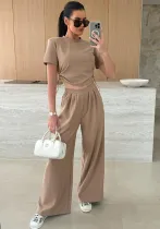 Summer Fashion Solid Color Short Sleeve T-shirt Wide Leg Trousers Two-Piece Set