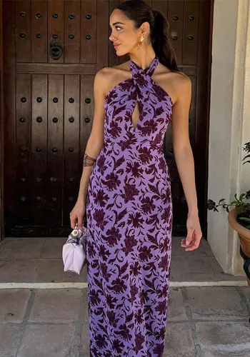 Spring Summer Women's Printed Halter Neck Lace-up Sexy Low-Back Slim Dress