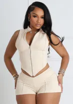 Spring Summer Women's Zipper Turndown Collar Sleeveless Crop Top High Waist Tight Shorts Two Piece Set