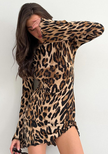 Sexy Low-Back Leopard Print Women's Spring Summer Lace-Up Slim Long Sleeve Short Dress