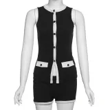 Spring Chic Sexy Women's Contrast Color Sleeveless Button Top Slim Shorts Set