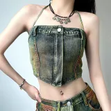 Women Sexy Zipper Strapless Denim Top
