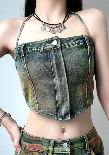 Women Sexy Zipper Strapless Denim Top