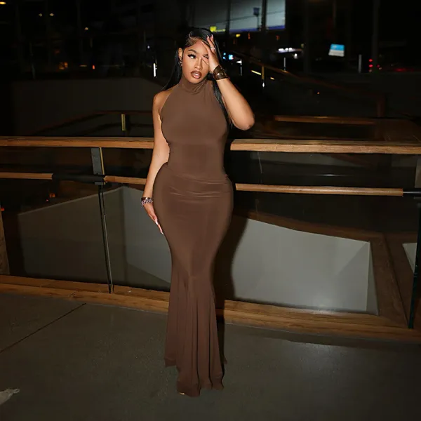 Spring Summer Women's Solid Color Sleeveless Sexy Low-Back Slim Bodycon Dress