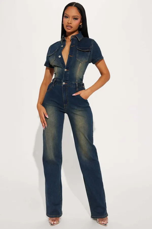 Women Stretchy Washed Denim Jumpsuits