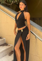 Women Spring Summer Sexy Halter Neck Backless Top and Slit Skirt Two-Piece Set