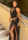Women Spring Summer Sexy Halter Neck Backless Top and Slit Skirt Two-Piece Set