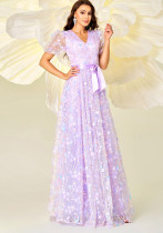 Summer Luxury Short-Sleeve V-Neck Slim Waist Applique Swing Evening Gown