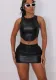 Spring Summer High-Stretch PU Sexy Nightclub Outfit Sleeveless Slim Two Piece Skirt Set