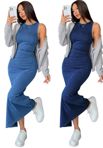 Spring Round Neck Sleeveless Slim Denim Bodycon Dress