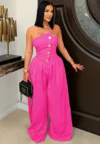 Summer Strapless Metal Button Wide-Leg Jumpsuit