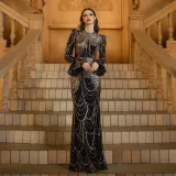 Summer Luxury Long-Sleeve Round Neck Sequin Fishtail Evening Gown