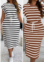 Women's Round Neck Stripe Print Drawstring Slim Waist Casual Dress