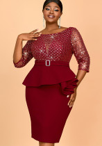 Summer U-Neck Sequin Formal Ruffle Plus Size Bodycon Party Dress