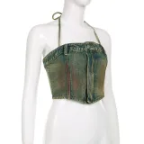 Women Sexy Zipper Strapless Denim Top
