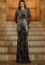 Summer Luxury Long-Sleeve Round Neck Sequin Fishtail Evening Gown