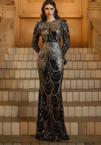 Summer Luxury Long-Sleeve Round Neck Sequin Fishtail Evening Gown