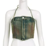 Women Sexy Zipper Strapless Denim Top