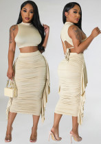 Summer Sexy Tight-Fitting Solid Sleeveless Two-Piece Skirt Set
