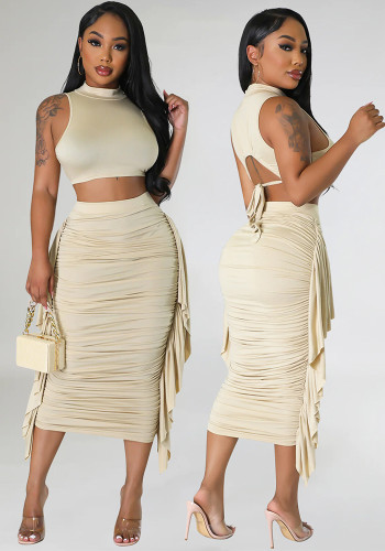 Summer Sexy Tight-Fitting Solid Sleeveless Two-Piece Skirt Set
