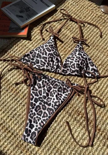 Women Sexy Lace Leopard Color Block Two Pieces Swimwear