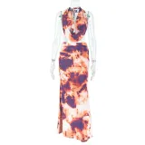 Women Elegant Printed Swinging Halter Neck Top and Skirt Two-piece Set